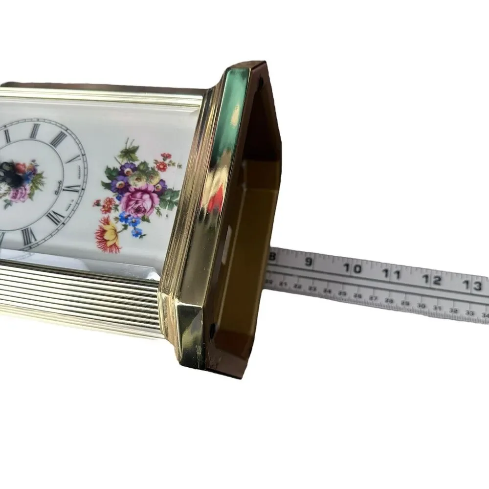 Vintage Bulova Floral Anniversary Mantle Carriage Clock Quartz‎ B 2093 Gold Tone